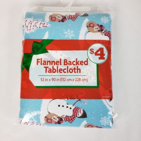Adorable NEW Blue Snowman Christmas Flannel Backed Tablecloth 52"x90" - Picture 1 of 8